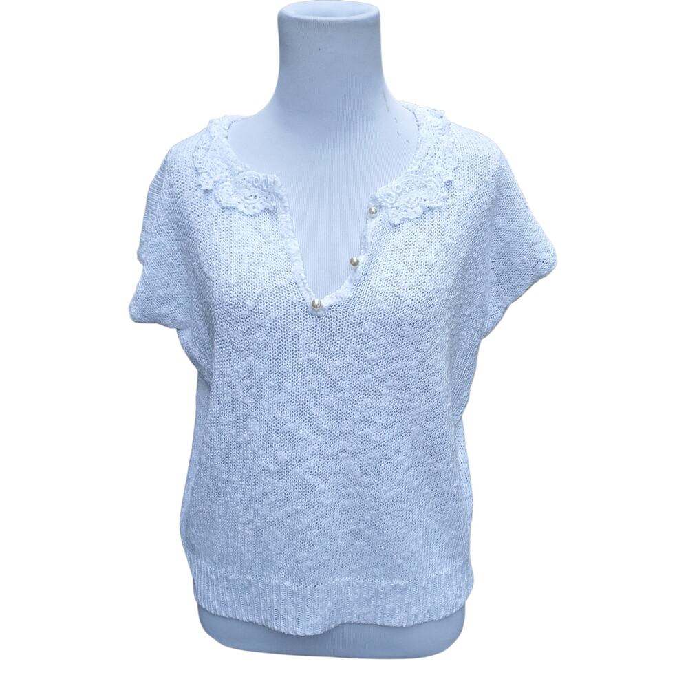 Vintage White Crochet Lace Short Sleeve Top Pearl Detail Coquette Cottagecore L